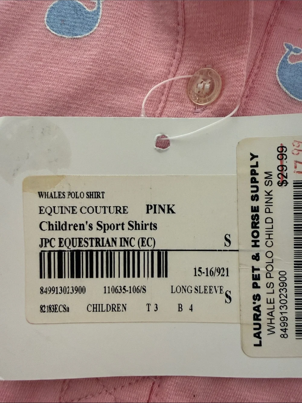 Equine Couture Girls' Pink Long-Sleeve Polo with Blue Whales. Sz S NWT - Picture 3 of 12